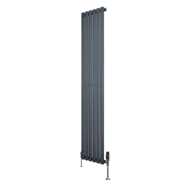 Sleek anthracite grey oval single column radiator with vertical slats, featuring polished valves and a modern design, 1800mm x 360mm