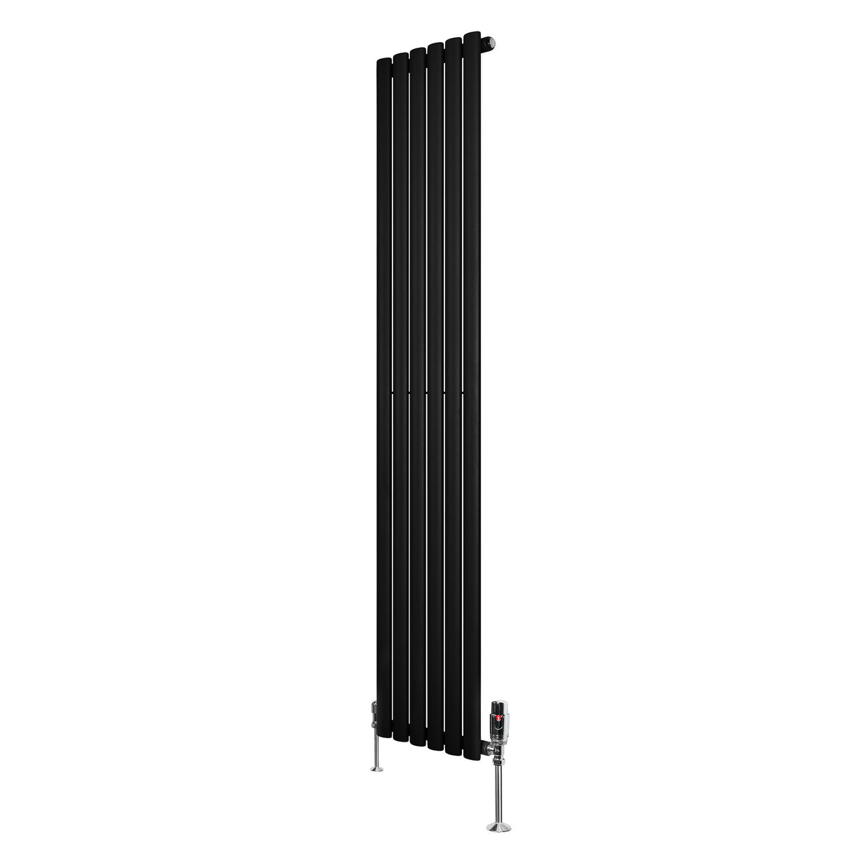 Sleek black oval single column radiator, 1800mm x 360mm, featuring vertical slats and chrome valves for modern heating solutions
