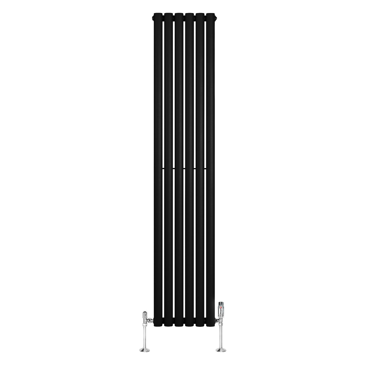 Sleek black oval single column radiator with vertical slats, measuring 1800mm x 360mm, complemented by stylish valves
