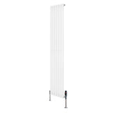 Sleek white oval single column radiator with vertical fins and valves, measuring 1800mm x 360mm, ideal for modern interiors