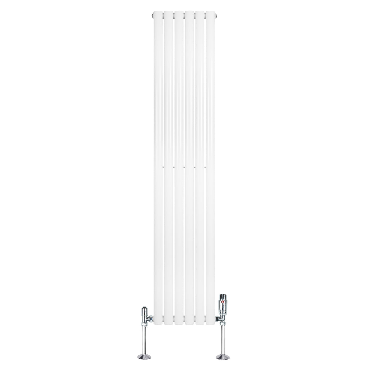 Sleek white oval single column radiator with chrome valves, measuring 1800mm x 360mm, featuring smooth vertical lines and a modern design
