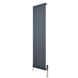Sleek anthracite grey oval single column radiator with vertical slats, measuring 1800mm x 480mm, includes stylish valves
