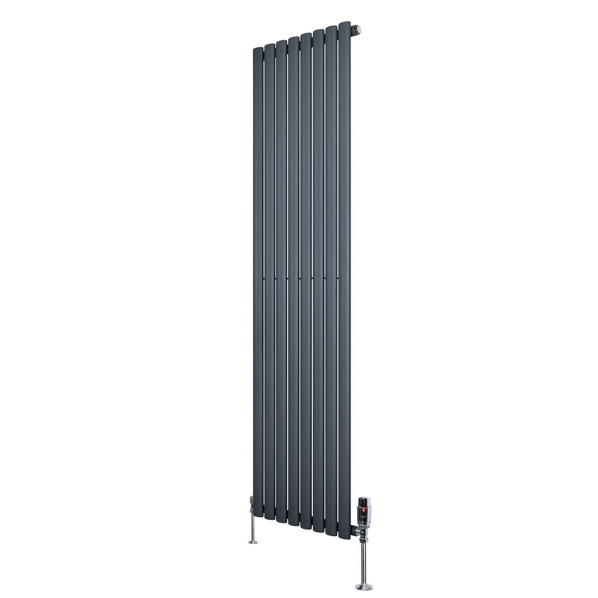 Sleek anthracite grey oval single column radiator with vertical slats, measuring 1800mm x 480mm, includes stylish valves
