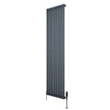 Sleek anthracite grey oval single column radiator with vertical slats, measuring 1800mm x 480mm, includes stylish valves