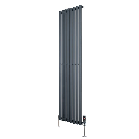Sleek anthracite grey oval single column radiator with vertical slats, measuring 1800mm x 480mm, includes stylish valves