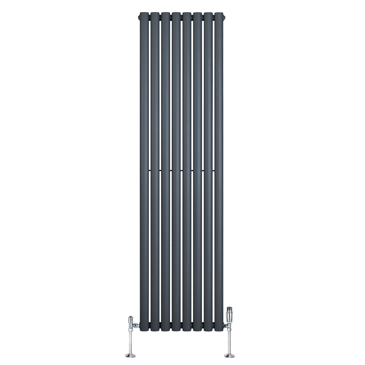 Sleek anthracite grey oval single column radiator with vertical bars, measuring 1800mm x 480mm, includes stylish valves