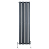 Sleek anthracite grey oval single column radiator with vertical bars, measuring 1800mm x 480mm, includes stylish valves