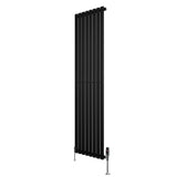 Sleek black oval single column radiator with vertical bars, measuring 1800mm x 480mm, includes modern valves for efficient heating