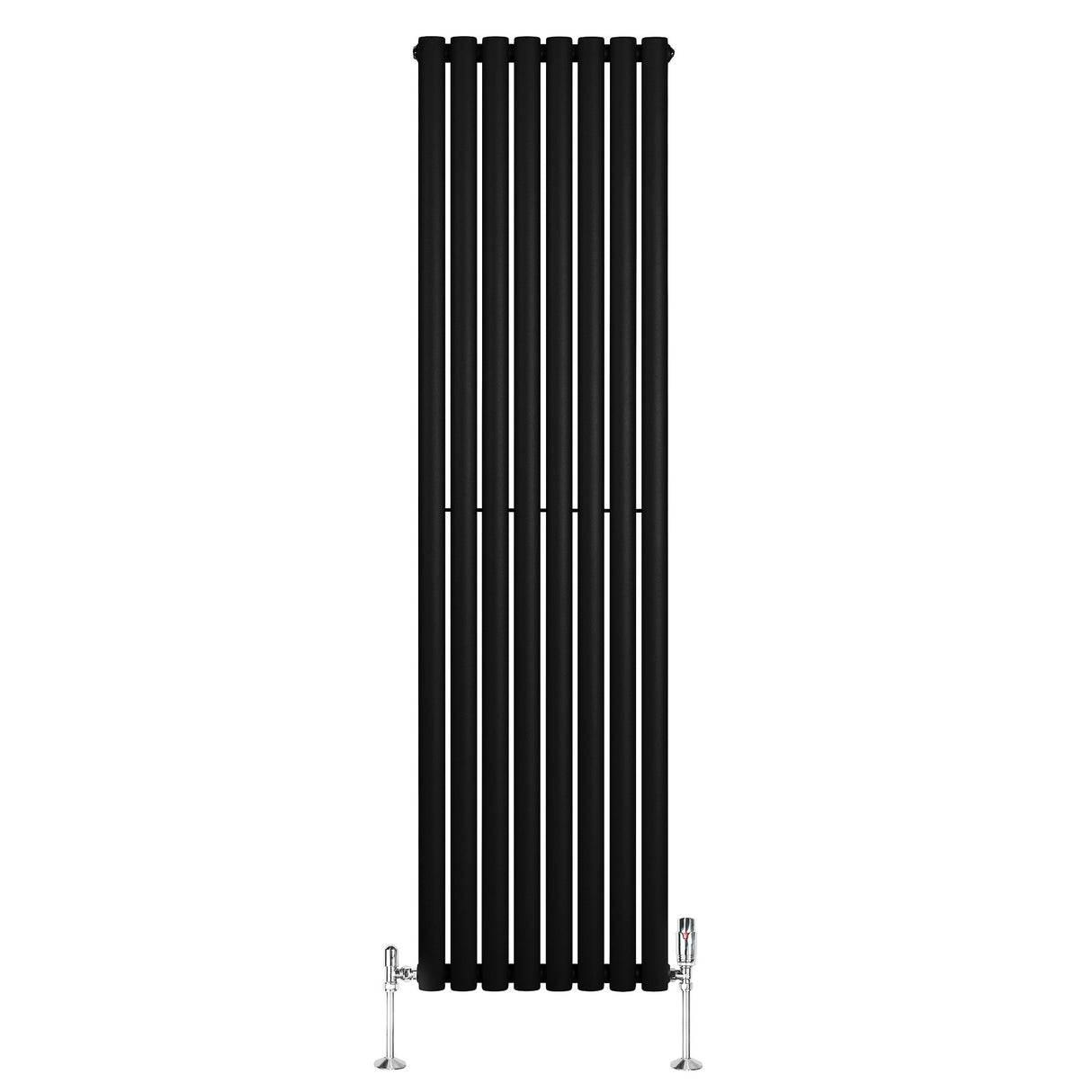 Sleek black oval single column radiator with vertical slats, measuring 1800mm x 480mm, includes chrome valves for modern decor
