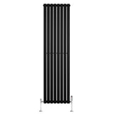 Sleek black oval single column radiator with vertical slats, measuring 1800mm x 480mm, includes chrome valves for modern decor