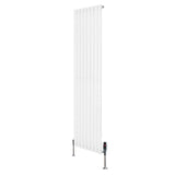Sleek white oval single column radiator with vertical fins, measuring 1800mm x 480mm, complemented by modern valves at the base