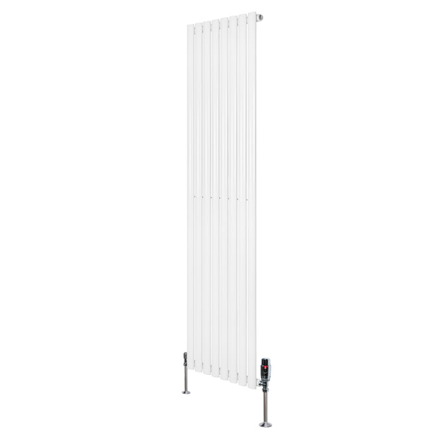 Sleek white oval single column radiator with vertical fins, measuring 1800mm x 480mm, complemented by modern valves at the base