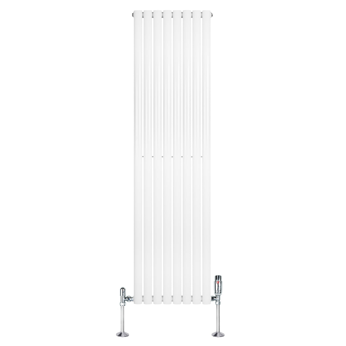 Sleek white oval single column radiator with chrome valves, measuring 1800mm x 480mm, featuring a smooth, modern design