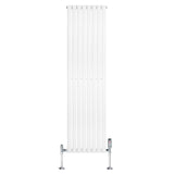 Sleek white oval single column radiator with chrome valves, measuring 1800mm x 480mm, featuring a smooth, modern design