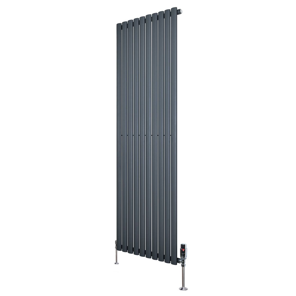 Sleek anthracite grey oval single column radiator, 1800mm x 600mm, featuring vertical bars and stylish valves for modern interiors