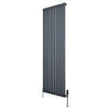 Sleek anthracite grey oval single column radiator, 1800mm x 600mm, featuring vertical bars and stylish valves for modern interiors