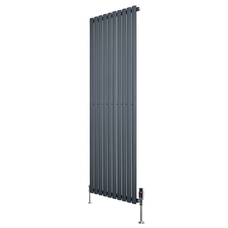 Sleek anthracite grey oval single column radiator, 1800mm x 600mm, featuring vertical bars and stylish valves for modern interiors