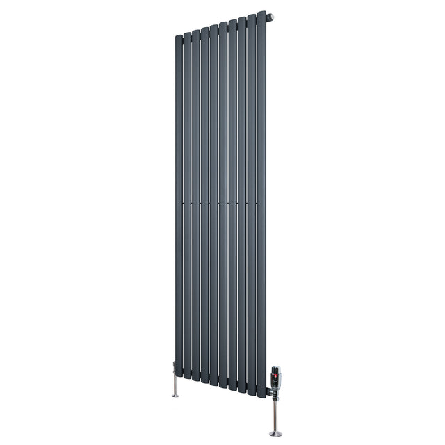 Sleek anthracite grey oval single column radiator, 1800mm x 600mm, featuring vertical bars and stylish valves for modern interiors