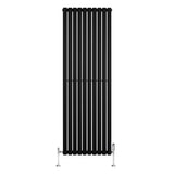Sleek black oval single column radiator, 1800mm x 600mm, featuring vertical bars and elegant valves for modern heating solutions