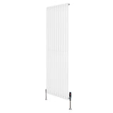 Sleek white oval single column radiator with vertical slats, measuring 1800mm x 600mm, includes stylish valves for easy installation