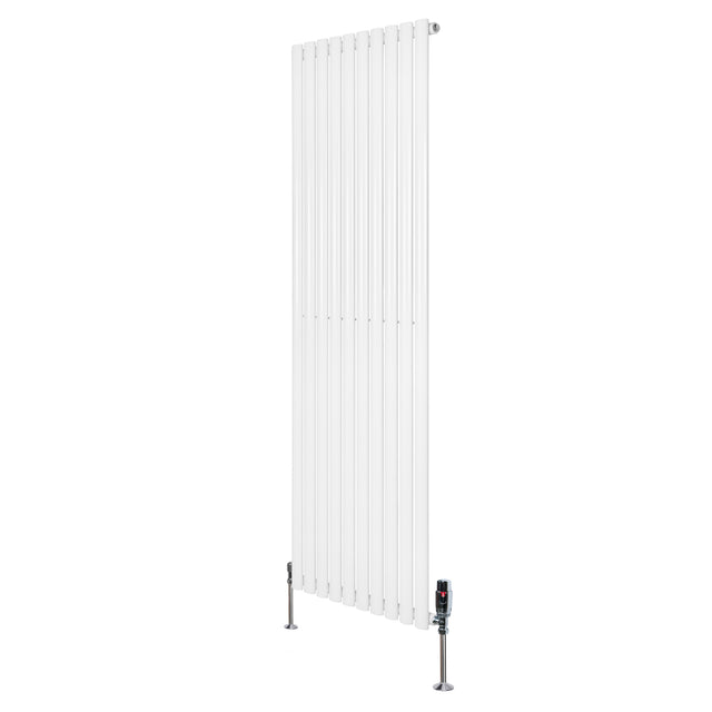 Sleek white oval single column radiator with vertical slats, measuring 1800mm x 600mm, includes stylish valves for easy installation
