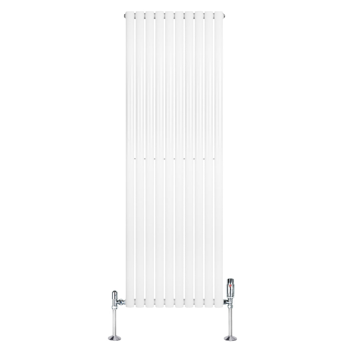 Sleek white oval single column radiator with vertical bars and chrome valves, measuring 1800mm x 600mm, ideal for modern interiors