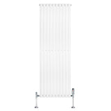 Sleek white oval single column radiator with vertical bars and chrome valves, measuring 1800mm x 600mm, ideal for modern interiors
