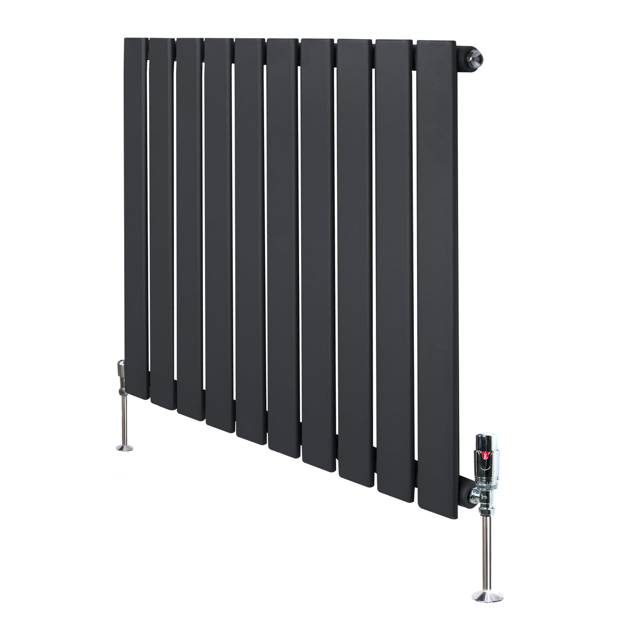 Flat anthracite grey single column radiator with sleek vertical slats and chrome valves, designed for modern interiors