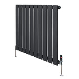 Flat anthracite grey single column radiator with sleek vertical slats and chrome valves, designed for modern interiors