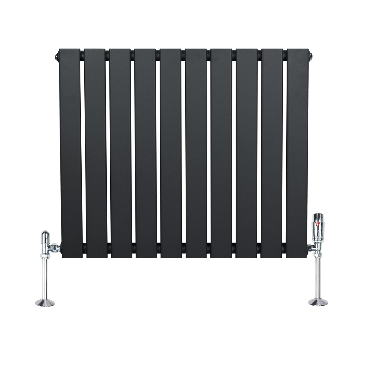 Flat single column radiator in anthracite grey, featuring sleek vertical slats and chrome valves, ideal for modern interiors