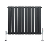 Flat single column radiator in anthracite grey, featuring sleek vertical slats and chrome valves, ideal for modern interiors