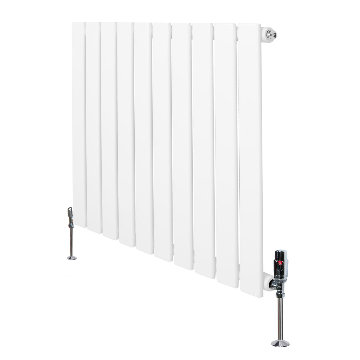 Sleek white flat single column radiator with vertical slats and chrome valves, measuring 600mm x 700mm, ideal for modern spaces