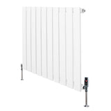 Sleek white flat single column radiator with vertical slats and chrome valves, measuring 600mm x 700mm, ideal for modern spaces