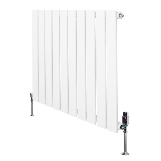Sleek white flat single column radiator with vertical slats and chrome valves, measuring 600mm x 700mm, ideal for modern spaces