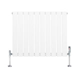 Sleek white flat single column radiator with vertical slats and chrome valves, measuring 600mm x 700mm, ideal for modern spaces