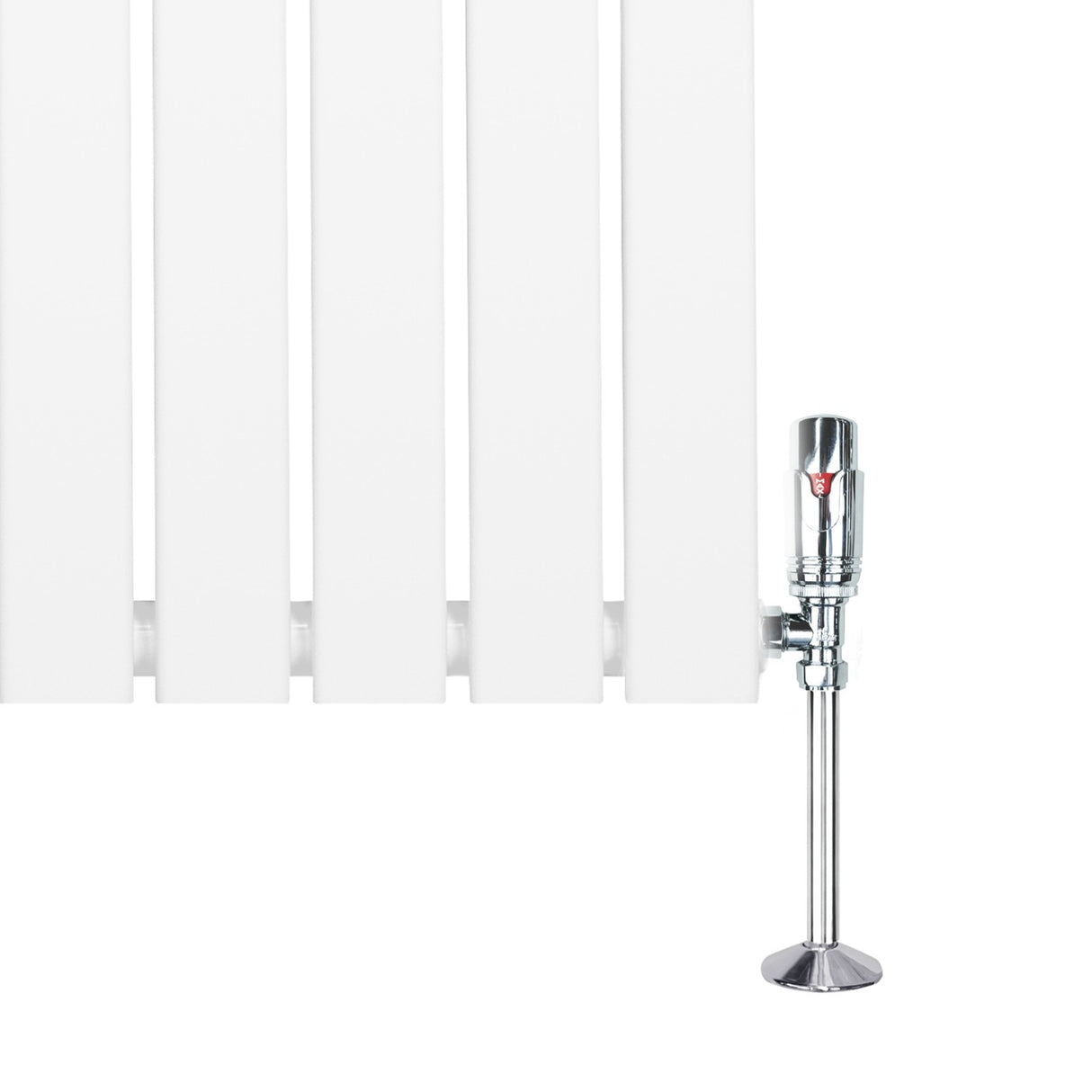 Sleek white flat single column radiator with chrome valve, featuring smooth rectangular panels and a modern design, ideal for heating