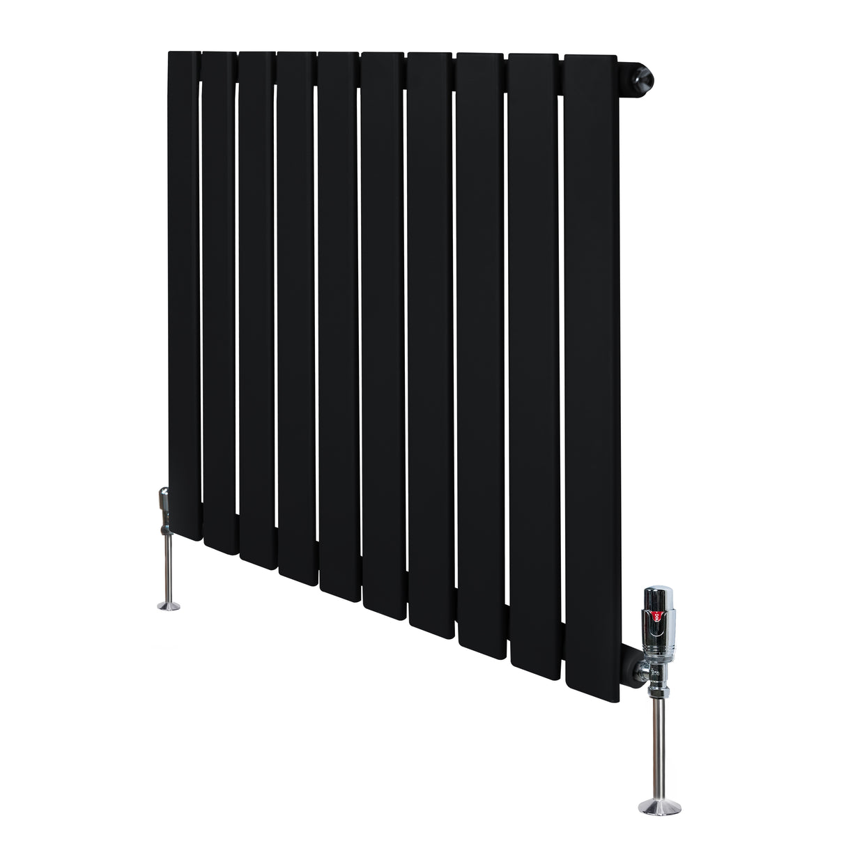 Sleek black flat single column radiator with vertical slats and chrome valves, designed for efficient heating in modern spaces