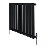 Sleek black flat single column radiator with vertical slats and chrome valves, designed for efficient heating in modern spaces