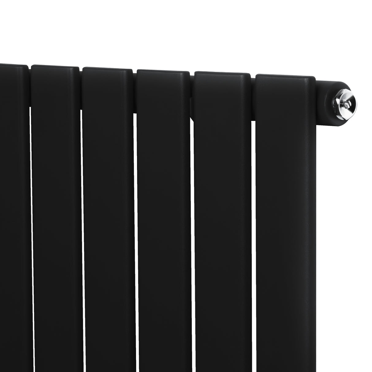 Sleek black flat single column radiator with smooth, matte finish and chrome valves, measuring 600mm x 700mm, ideal for modern spaces