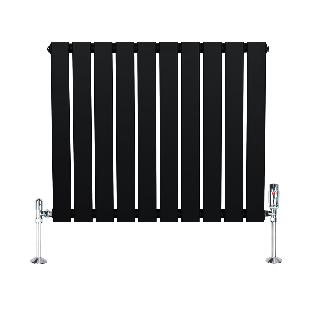 Sleek black flat single column radiator with chrome valves, featuring vertical slats and a modern design, measuring 600mm x 700mm