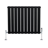 Sleek black flat single column radiator with chrome valves, featuring vertical slats and a modern design, measuring 600mm x 700mm