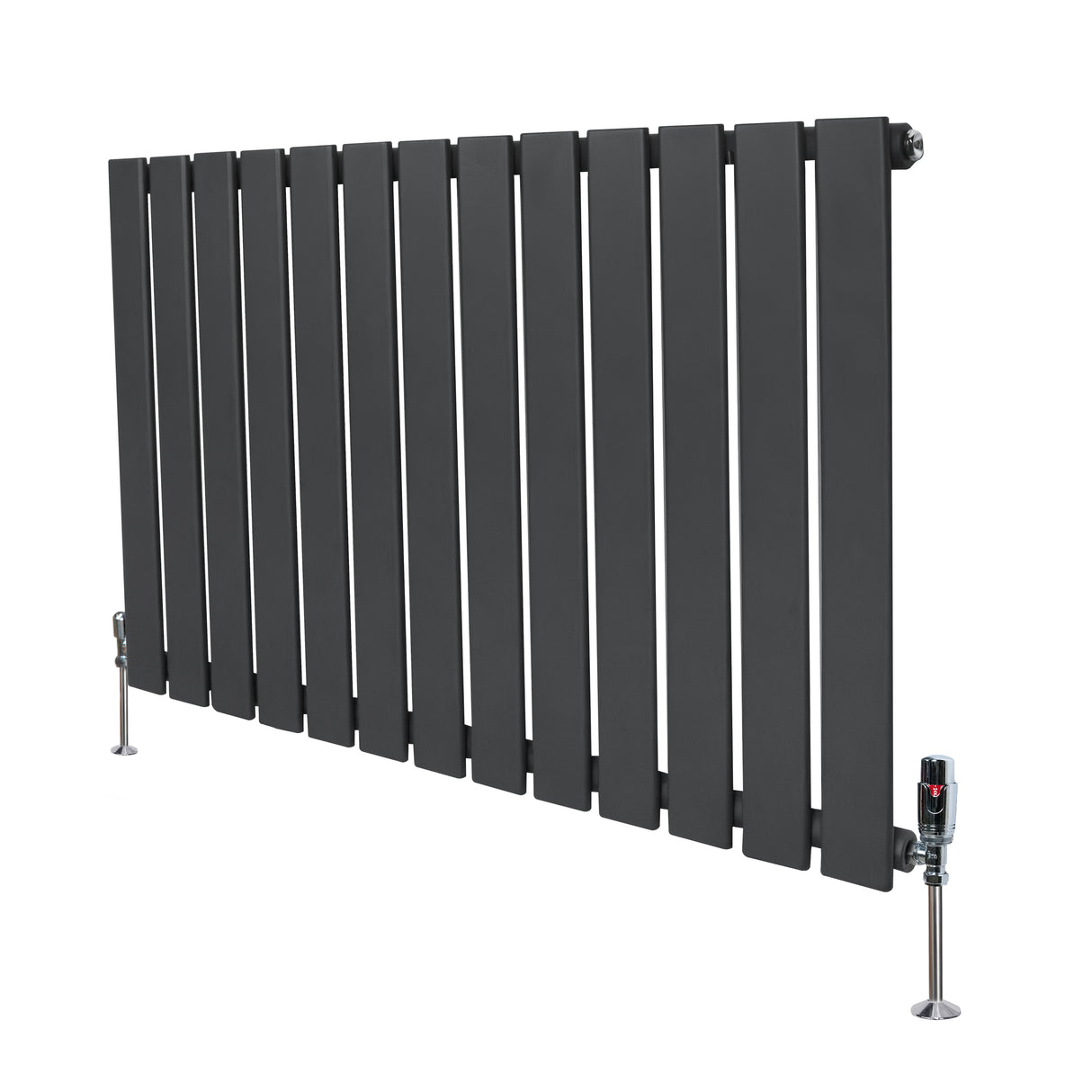 Flat single column radiator in anthracite grey, featuring sleek vertical slats and modern valves, ideal for contemporary spaces