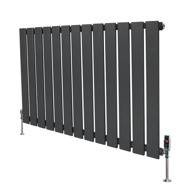 Flat single column radiator in anthracite grey, featuring sleek vertical slats and modern valves, ideal for contemporary spaces