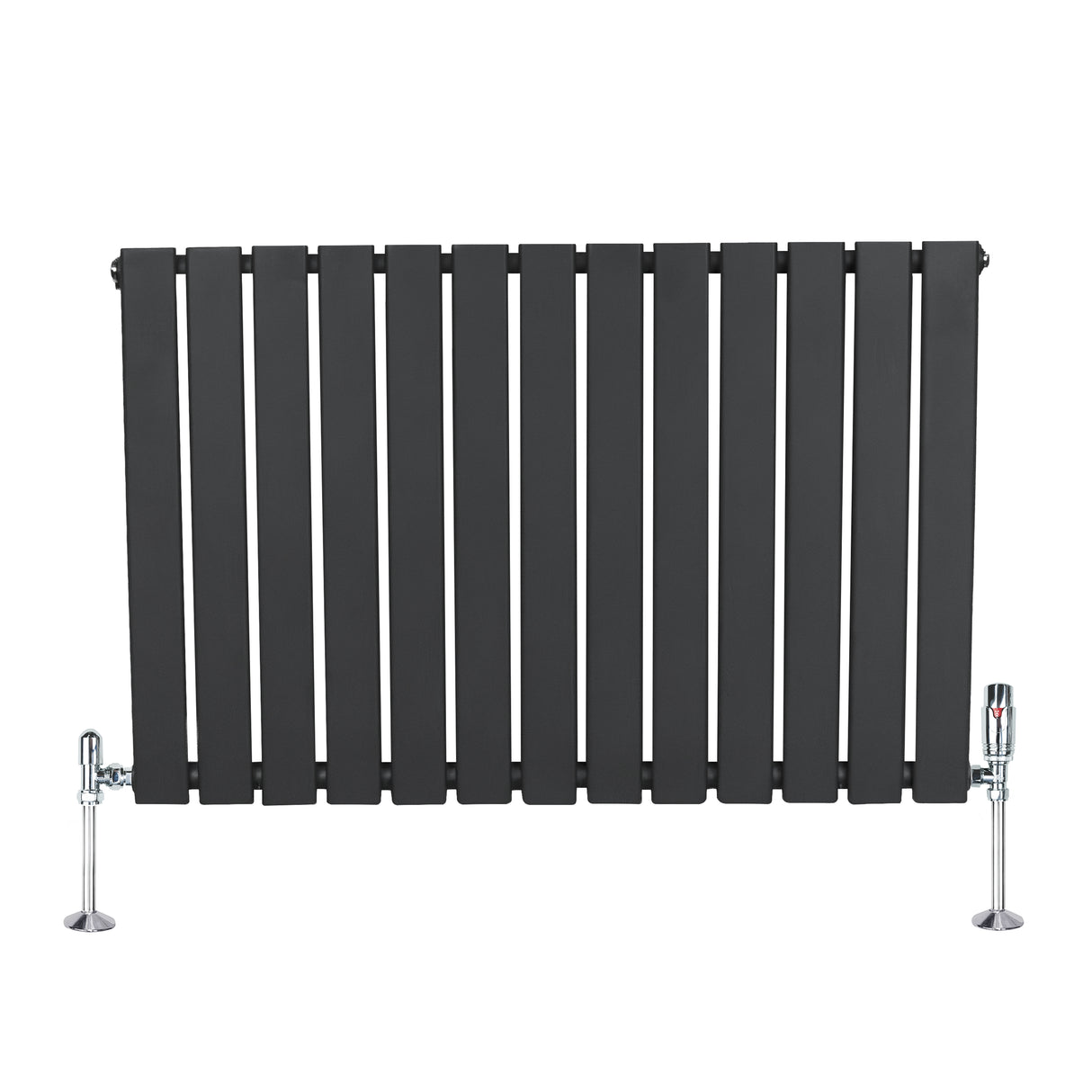 Flat single column radiator in anthracite grey, featuring vertical slats and chrome valves, ideal for modern interiors