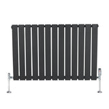Flat single column radiator in anthracite grey, featuring vertical slats and chrome valves, ideal for modern interiors