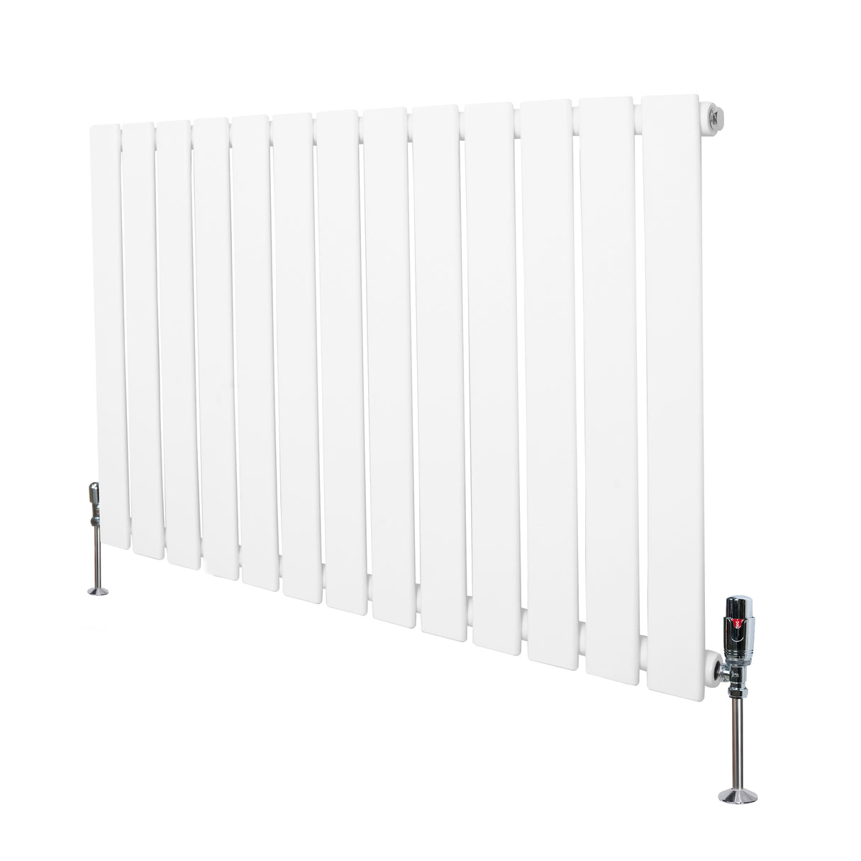 Sleek white flat single column radiator with vertical slats and valves, measuring 600mm x 910mm, ideal for modern interiors