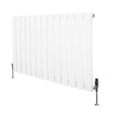 Sleek white flat single column radiator with vertical slats and valves, measuring 600mm x 910mm, ideal for modern interiors