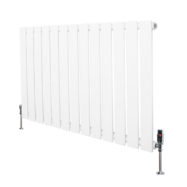 Sleek white flat single column radiator with vertical slats and valves, measuring 600mm x 910mm, ideal for modern interiors