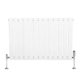 Flat white single column radiator with sleek vertical bars and chrome valves, designed for efficient heating in modern spaces