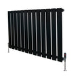 Sleek black flat single column radiator with vertical slats and polished valves, measuring 600mm x 910mm, ideal for modern spaces